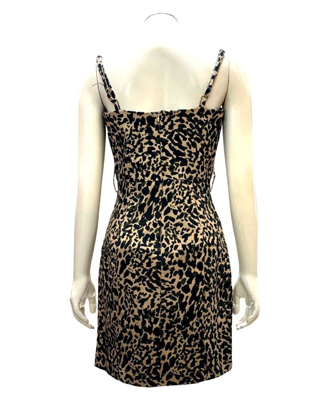 Forever 21 M Leopard Print Mini Dress Beige Black Spaghetti Strap Front Slit Zip - Picture 4 of 12